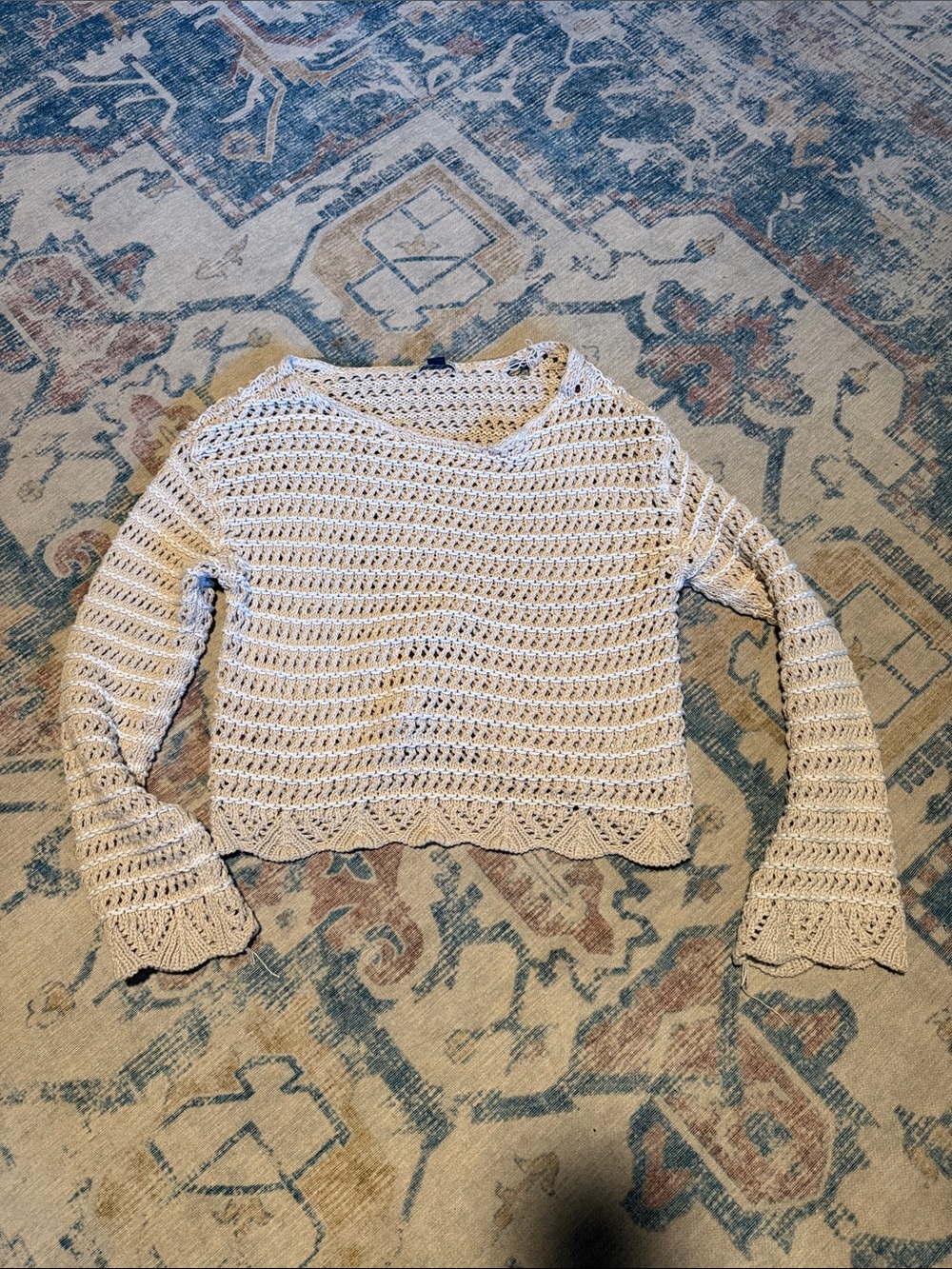 American Eagle Outfitters Cream Open-Weave Scoopneck Crochet Sweater